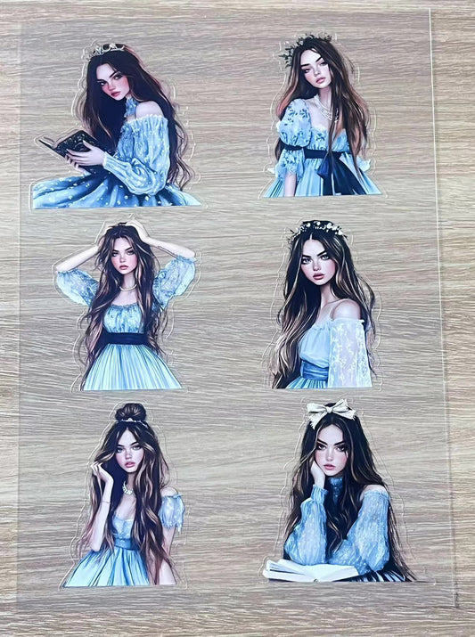 S6 Blue dress long hair girl pet precut A5 size 3 pieces