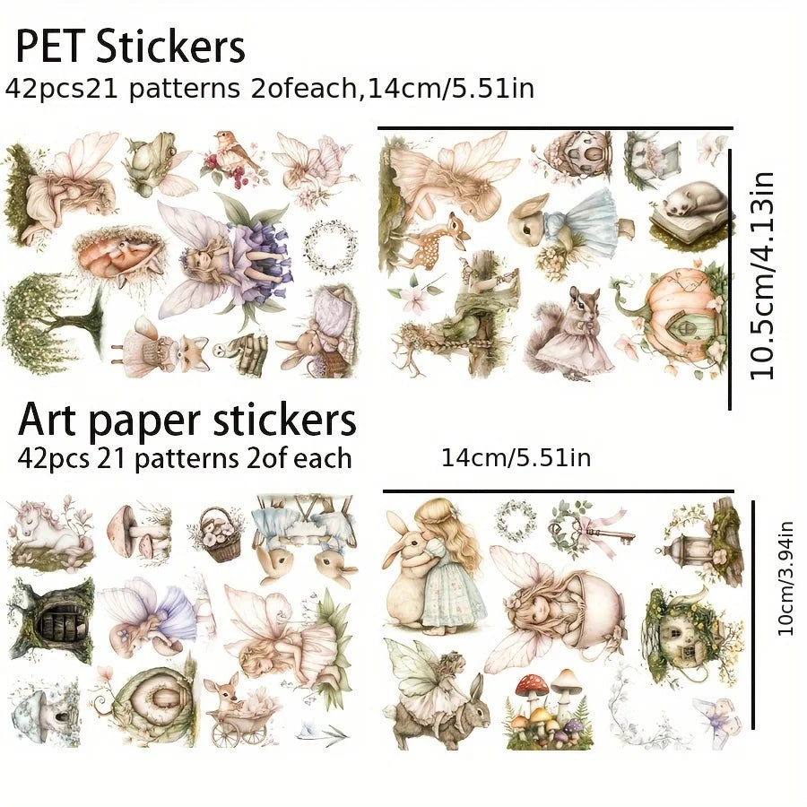 JAIIMAN 80pcs-84pcs PET and Art Paper Sticker Set Woodland Fairy, Rabbit, Floral, for Holiday Decor, Scrapbooking,Album Decor