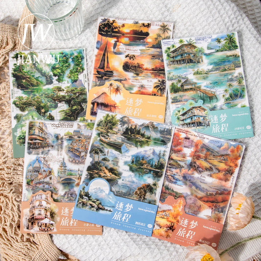JIANWU 2Sheets Dream Chasing Journey Series Vintage Landscape Collage Decor Bronzing PET Sticker Creative DIY Journal Stationery