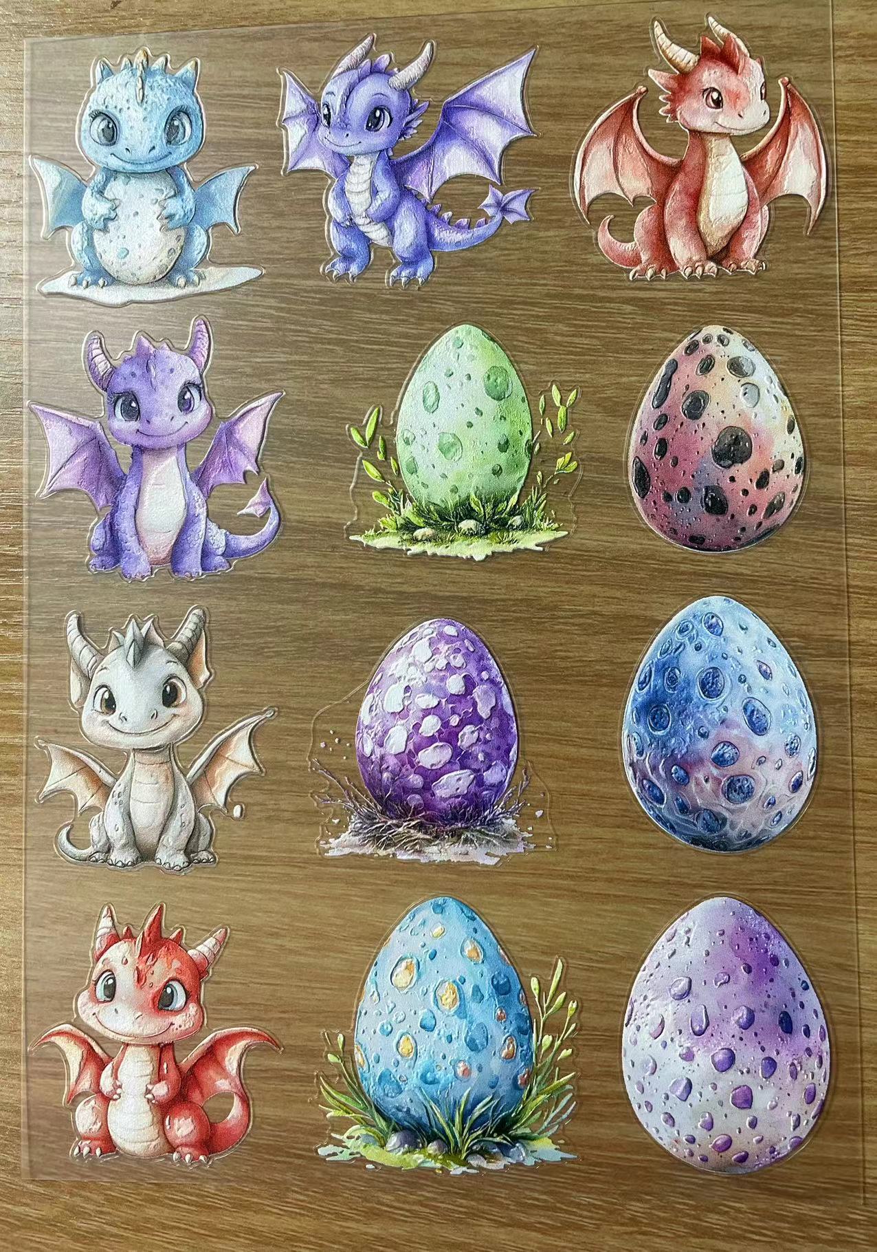 E-38 Cute baby dragon and eggs 3Dembossed sticker one piece