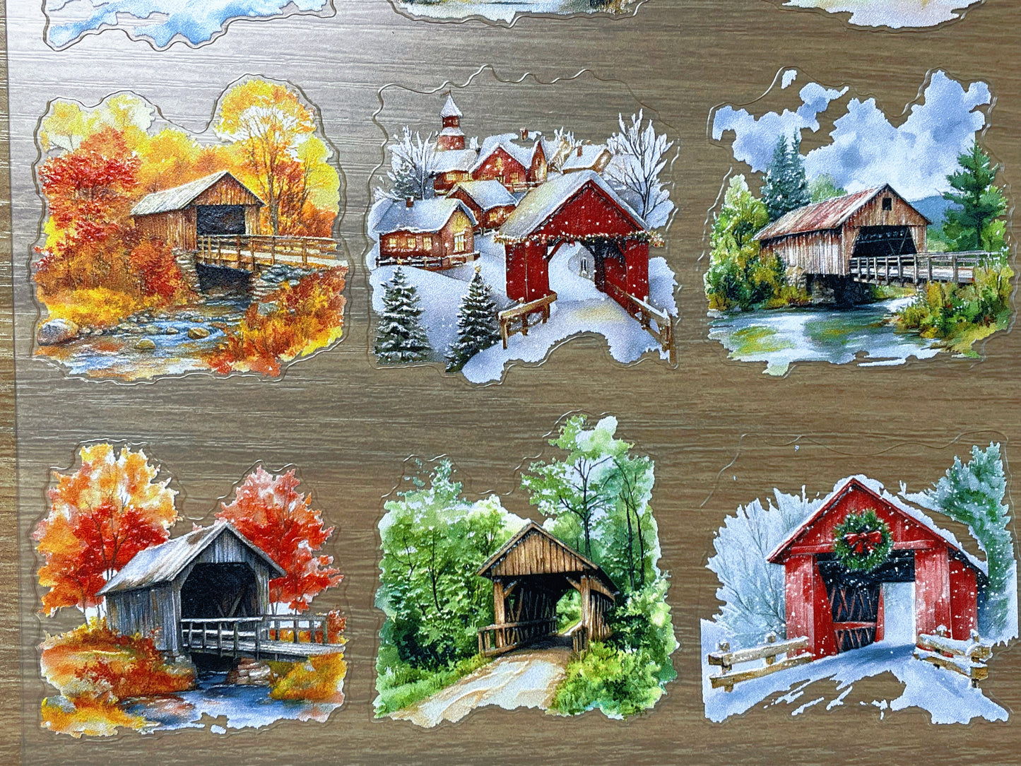 E-126 Four Seasons Coverd Bridges 3D Embossed sticker 1 piece