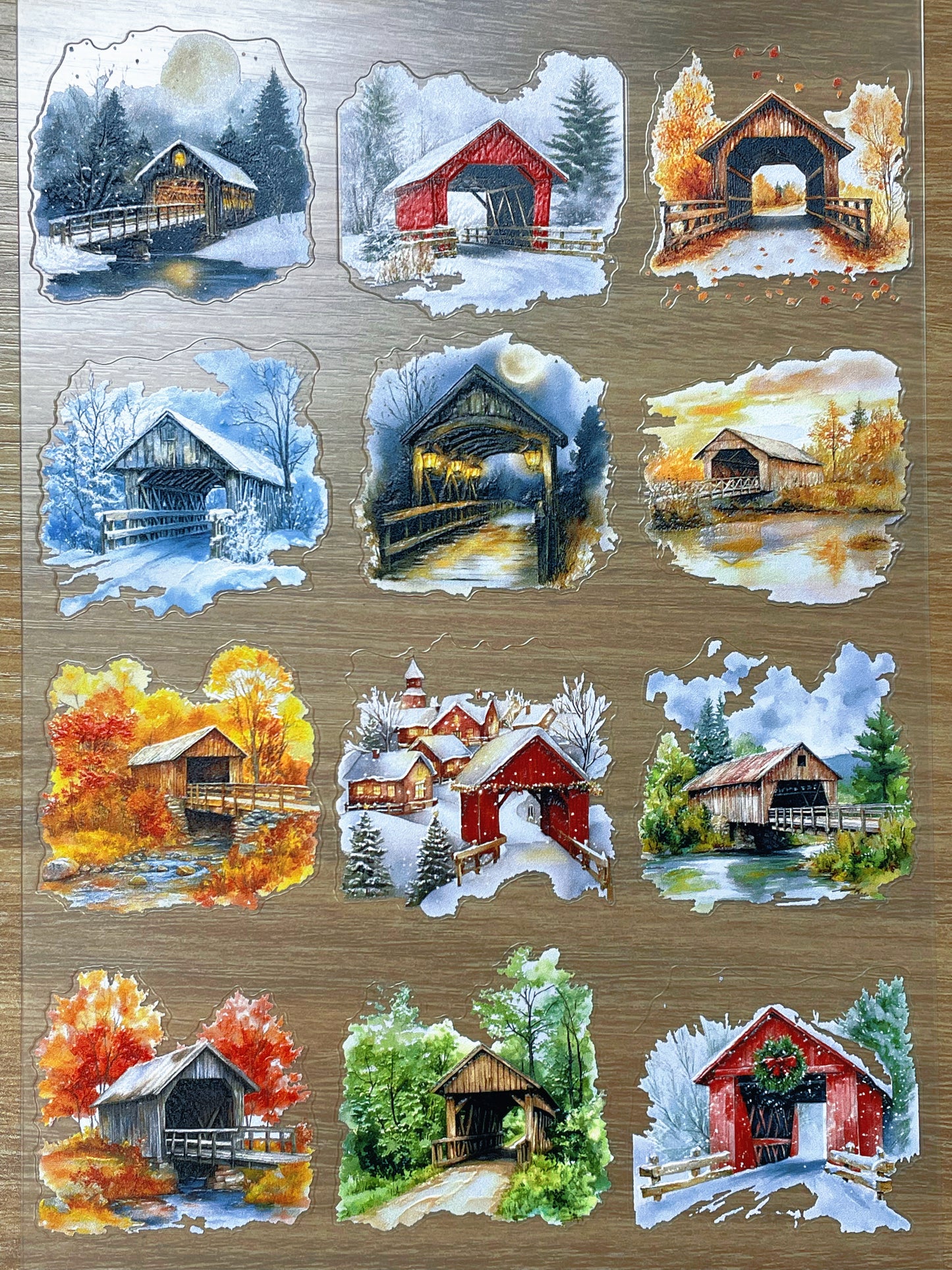 E-126 Four Seasons Coverd Bridges 3D Embossed sticker 1 piece