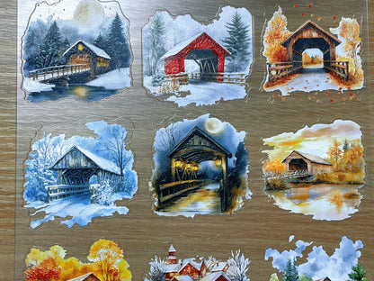 E-126 Four Seasons Coverd Bridges 3D Embossed sticker 1 piece