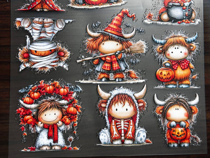 E-10 Halloween Highland Cows 3D Embossed sticker 1 piece
