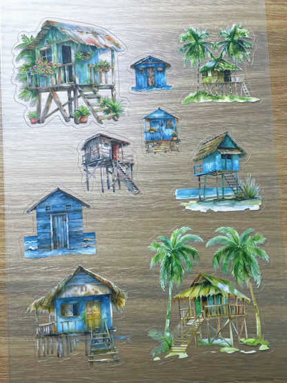 S109 Coastal Stilt House  sticker pet precut A5 size 5 pieces