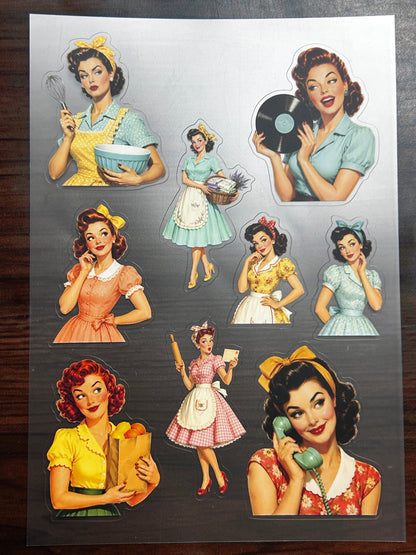 S-197 Vintage Housewife Girl  sticker pet precut A5 size 3 pieces