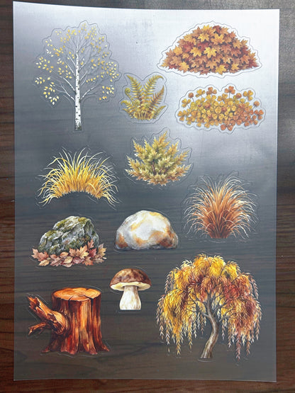 S-200 Autumn Tree Landscape sticker pet precut A5 size 6 pieces