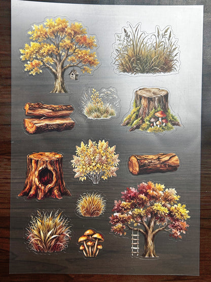 S-200 Autumn Tree Landscape sticker pet precut A5 size 6 pieces