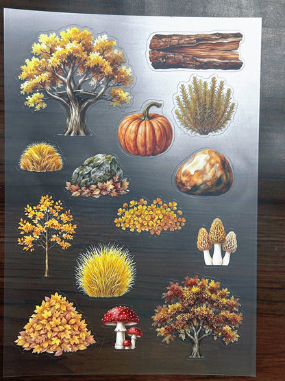 S-200 Autumn Tree Landscape sticker pet precut A5 size 6 pieces