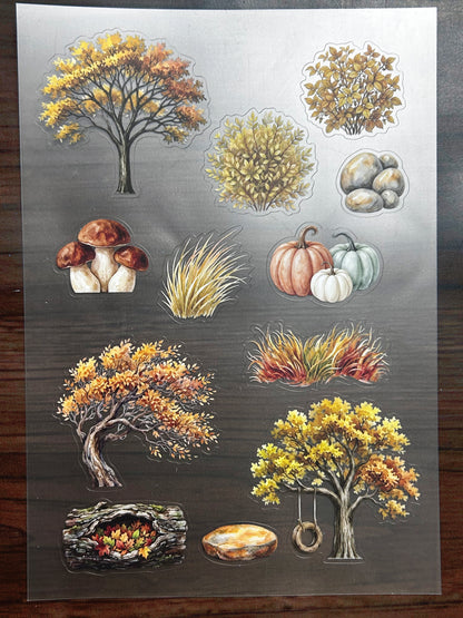 S-200 Autumn Tree Landscape sticker pet precut A5 size 6 pieces