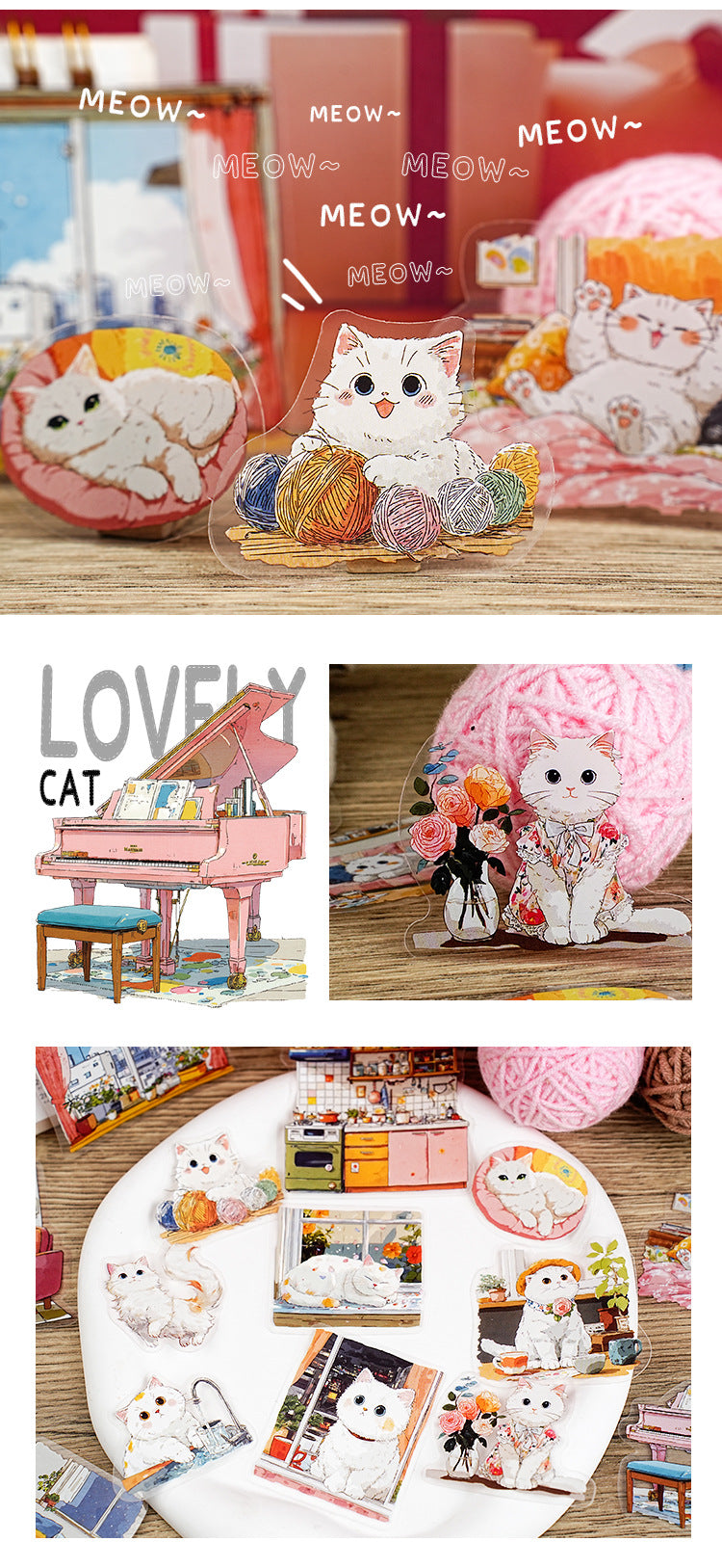 S-12 Meow Meow's Daily Series Cute Cartoon Theme Animal PET Sticker 6Style