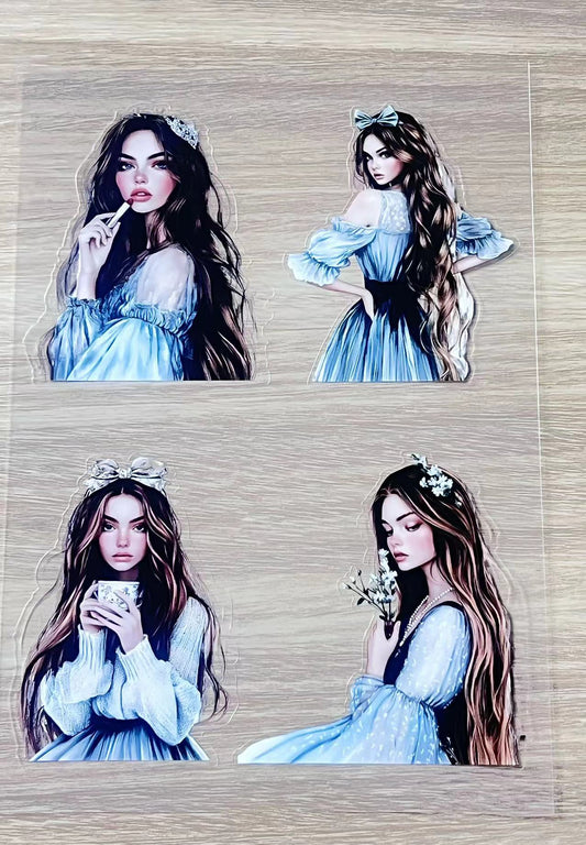 S6 Blue dress long hair girl pet precut A5 size 3 pieces