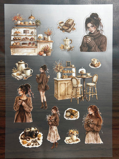 S-180 Cozy Autumn Cafe sticker pet precut A5 size 5 pieces