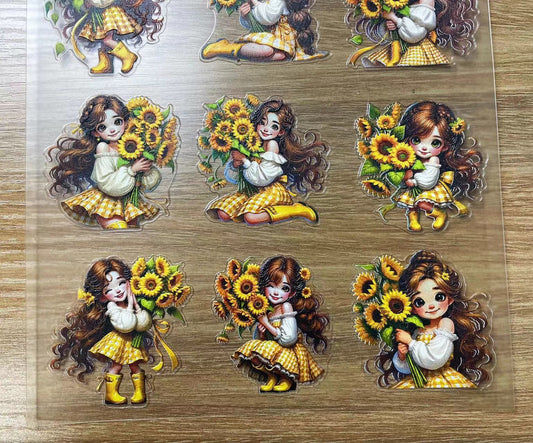 E-27 Sunflower Girl 3Dembossed sticker one piece