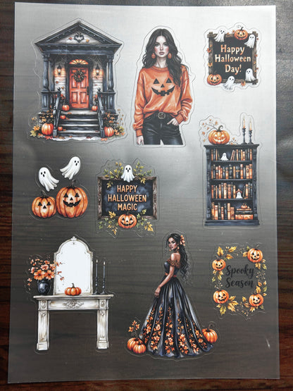 S-210 Halloween Girl Pumpkin sticker pet precut  A5 size 5 pieces