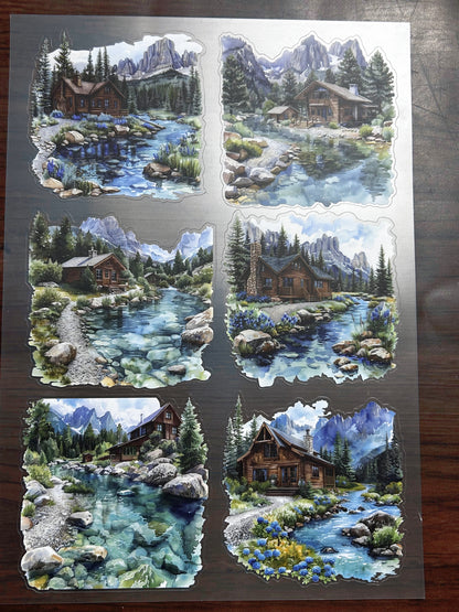 S-201 Alpine Cabin Stream sticker pet precut A4 size 2 pieces