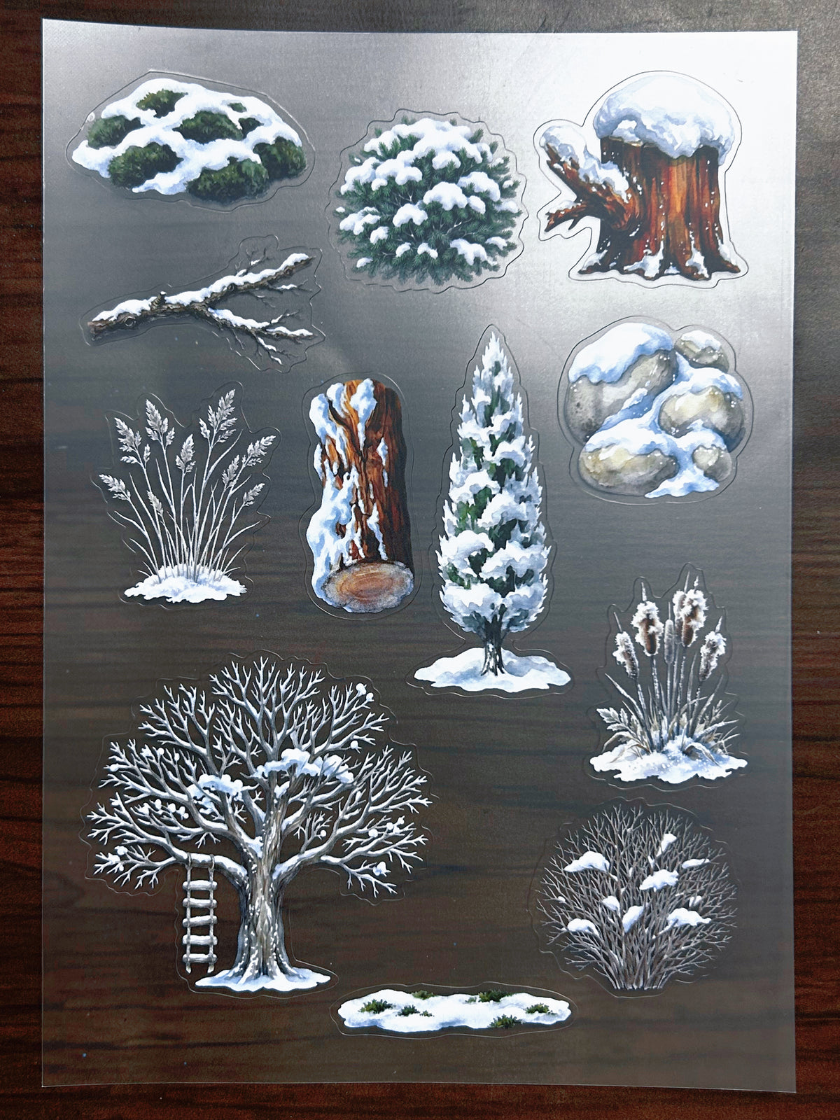 S-204 Frosty Winter Tree sticker pet precut A5 size 6 pieces
