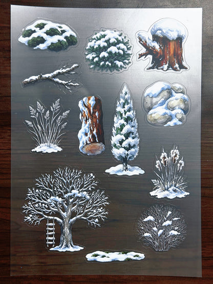 S-204 Frosty Winter Tree sticker pet precut A5 size 6 pieces