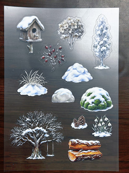S-204 Frosty Winter Tree sticker pet precut A5 size 6 pieces