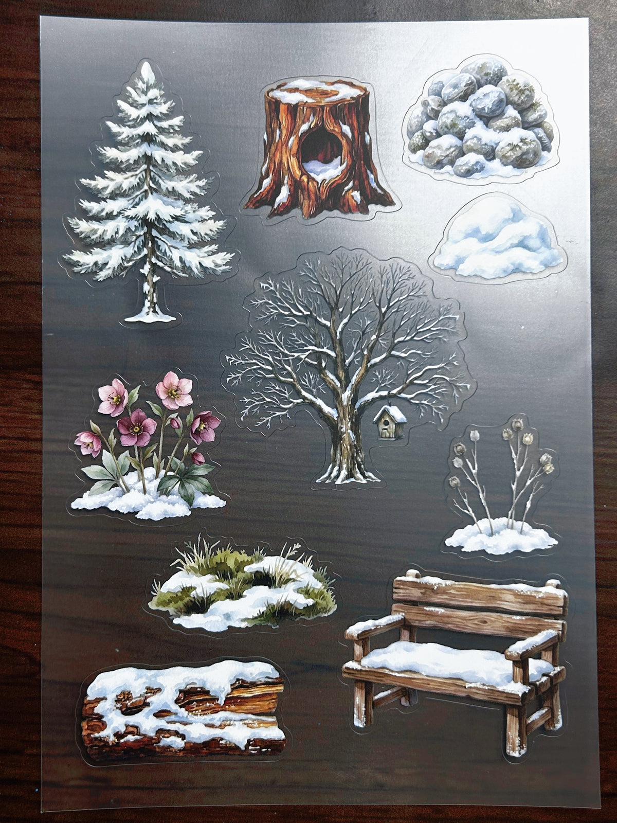 S-204 Frosty Winter Tree sticker pet precut A5 size 6 pieces