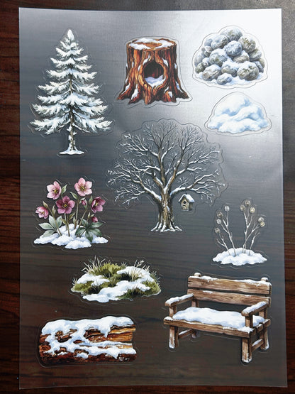 S-204 Frosty Winter Tree sticker pet precut A5 size 6 pieces