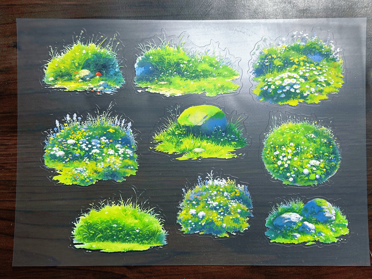 S-202 Green Grass Scene sticker pet precut A5 size 4 pieces