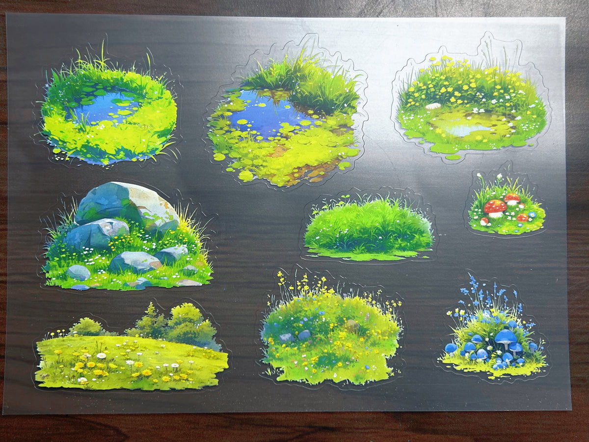 S-202 Green Grass Scene sticker pet precut A5 size 4 pieces
