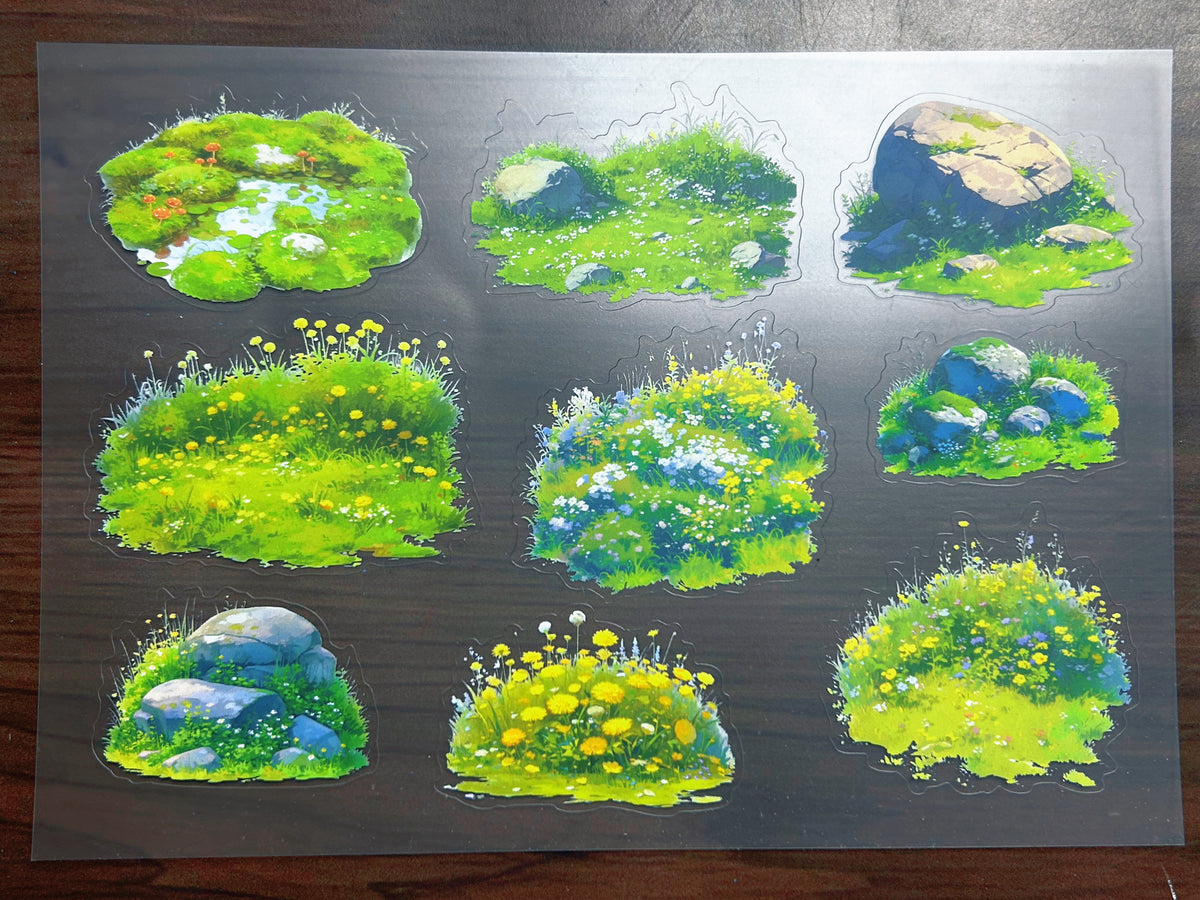 S-202 Green Grass Scene sticker pet precut A5 size 4 pieces