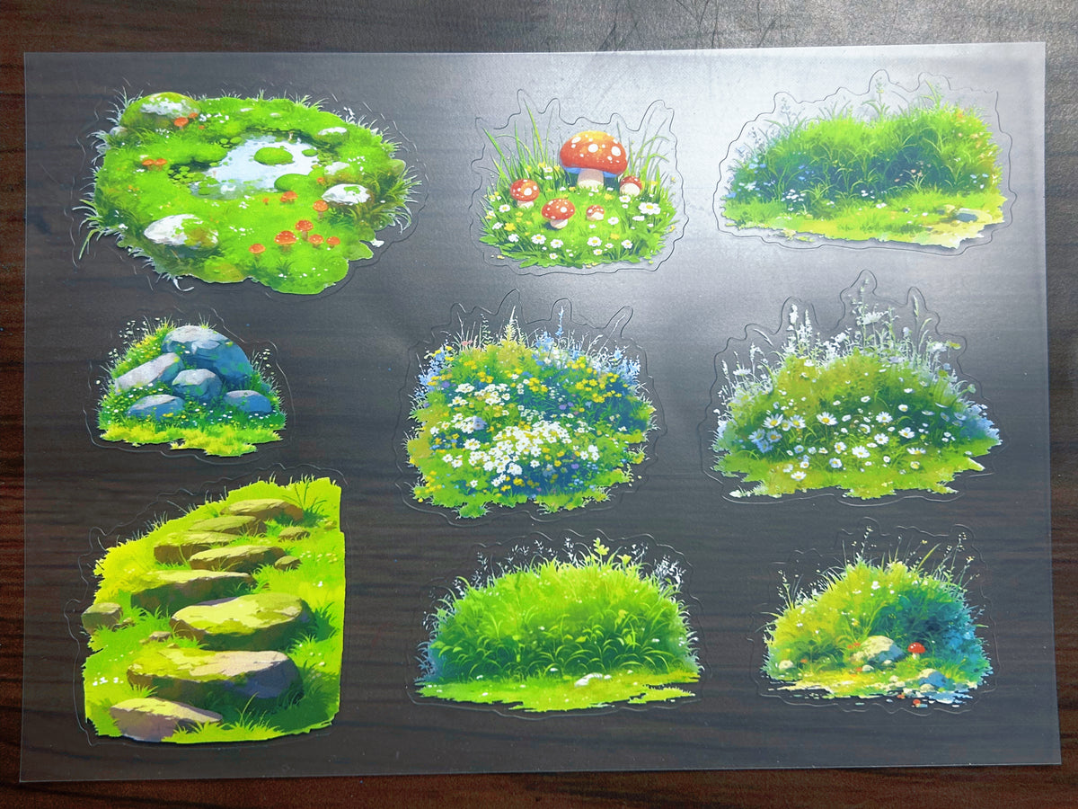 S-202 Green Grass Scene sticker pet precut A5 size 4 pieces