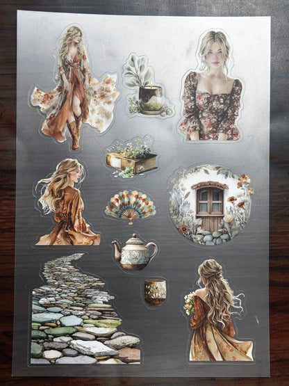 S-188 Boho Autumn Lady sticker pet precut A5 size 8 pieces