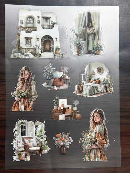 S-188 Boho Autumn Lady sticker pet precut A5 size 8 pieces