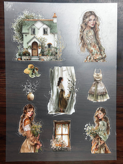 S-188 Boho Autumn Lady sticker pet precut A5 size 8 pieces