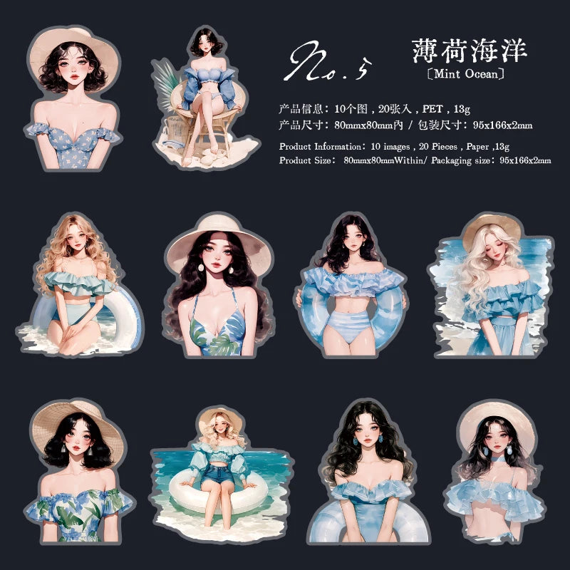 S-26 Journal GO 20pcs Pretty Beach Girl Stickers Aesthetic Characters Oil Painting Sticker for Card Making Journal Scrapbooking DIY