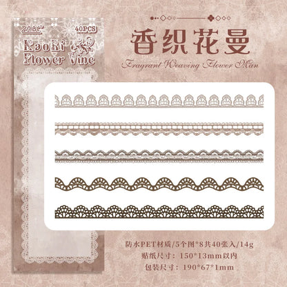 S-1  40 pcs Lace Stickers Cute Aesthetics Decor Collage Junk Journal Scrapbooking Supplies Self Adhesive Creative Stationery Sticker