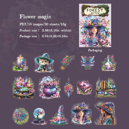 JIANQI 30 pcs Forest Witch Series PET material Decorative sticker Diary Album Scrapbooking material Junk Journal Supplies