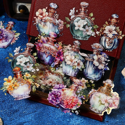 S-27 10Pcs Baroque Bottle Series Decorative Sticker Vintage Flower Bottle Collage Scrapbooking Label Diary Album Journal Planner