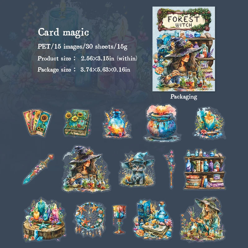 JIANQI 30 pcs Forest Witch Series PET material Decorative sticker Diary Album Scrapbooking material Junk Journal Supplies
