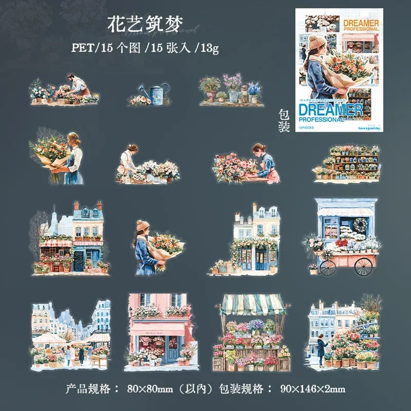 S-47 15Pcs Sticker Pack Career Dreamer Floral Art Scenic