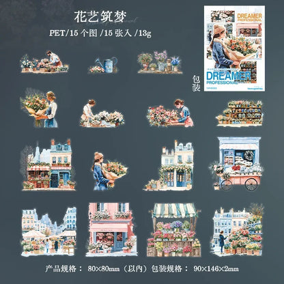 S-47 15Pcs Sticker Pack Career Dreamer Floral Art Scenic