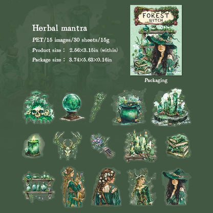 JIANQI 30 pcs Forest Witch Series PET material Decorative sticker Diary Album Scrapbooking material Junk Journal Supplies