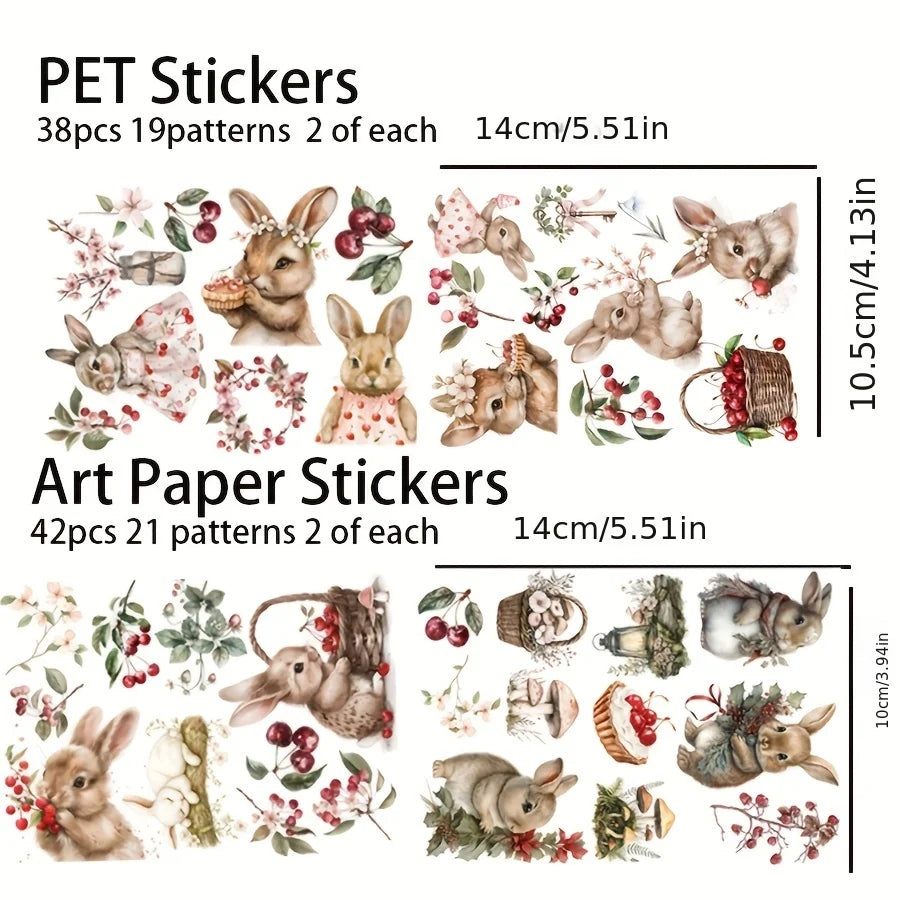 JAIIMAN 80pcs-84pcs PET and Art Paper Sticker Set Woodland Fairy, Rabbit, Floral, for Holiday Decor, Scrapbooking,Album Decor