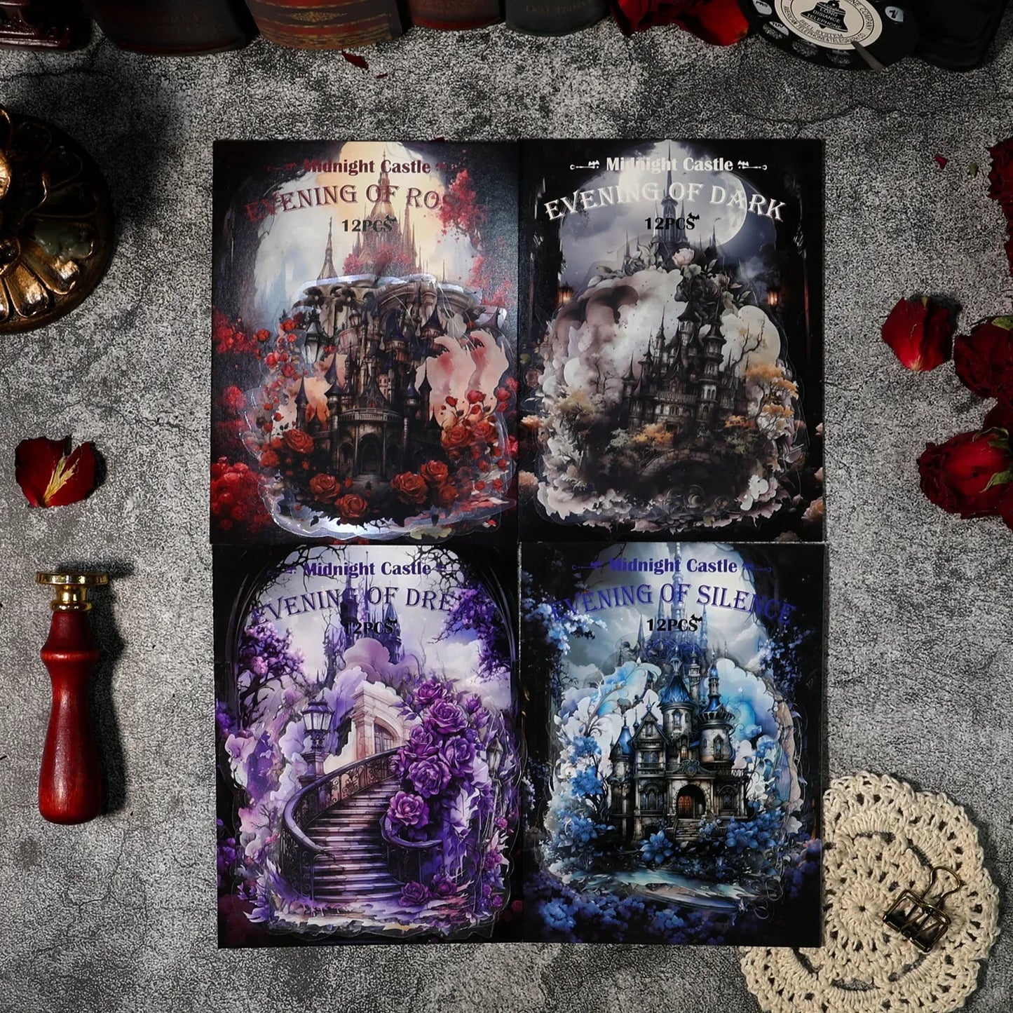 S-33 12pcs/bag Midnight Castle European Retro Gothic Big Size Transparent PET Stickers Journaling Scrapbooking Decoration Collages