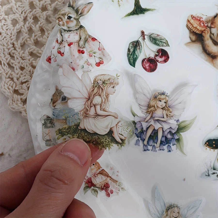 JAIIMAN 80pcs-84pcs PET and Art Paper Sticker Set Woodland Fairy, Rabbit, Floral, for Holiday Decor, Scrapbooking,Album Decor