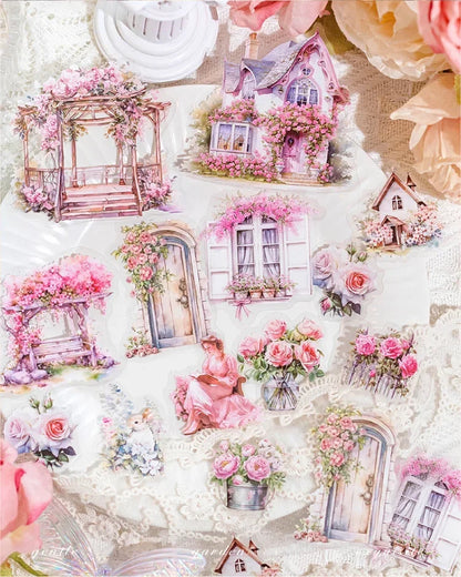 30pcs/bag Garden Landscape Transparent Stickers Retro Flowers Windows Cabins Fences Scrapbook Junk Journal Decoration Collage