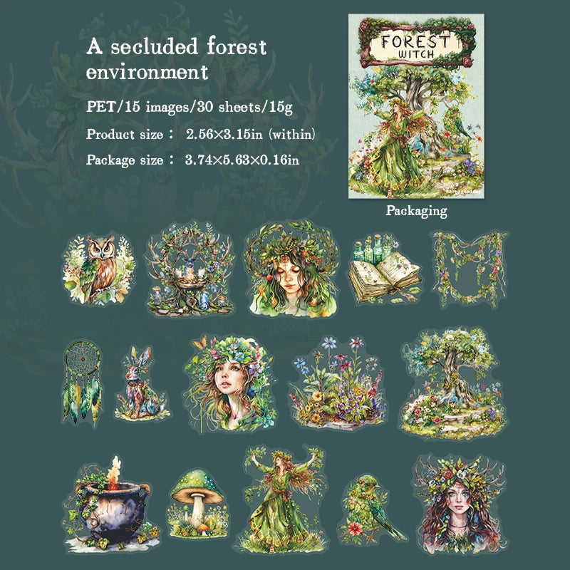 JIANQI 30 pcs Forest Witch Series PET material Decorative sticker Diary Album Scrapbooking material Junk Journal Supplies