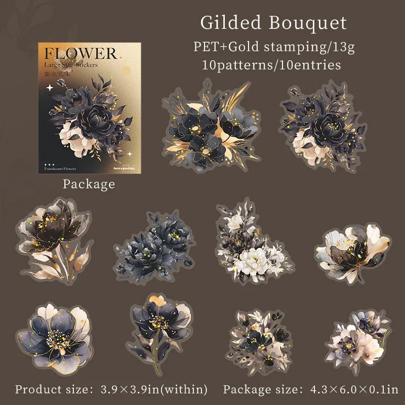 JIANWU Translucen Flowers Series Vintage Flower Bronzing Material Collage PET Sticker Creative DIY Journal Stationery