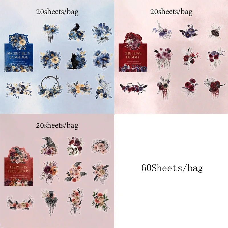 Mr Paper 60Pcs/bag Dark Rose Story Series PET White Ink Sticker Paper Bag Handbook Decorative Stickers DIY Notebook Albums