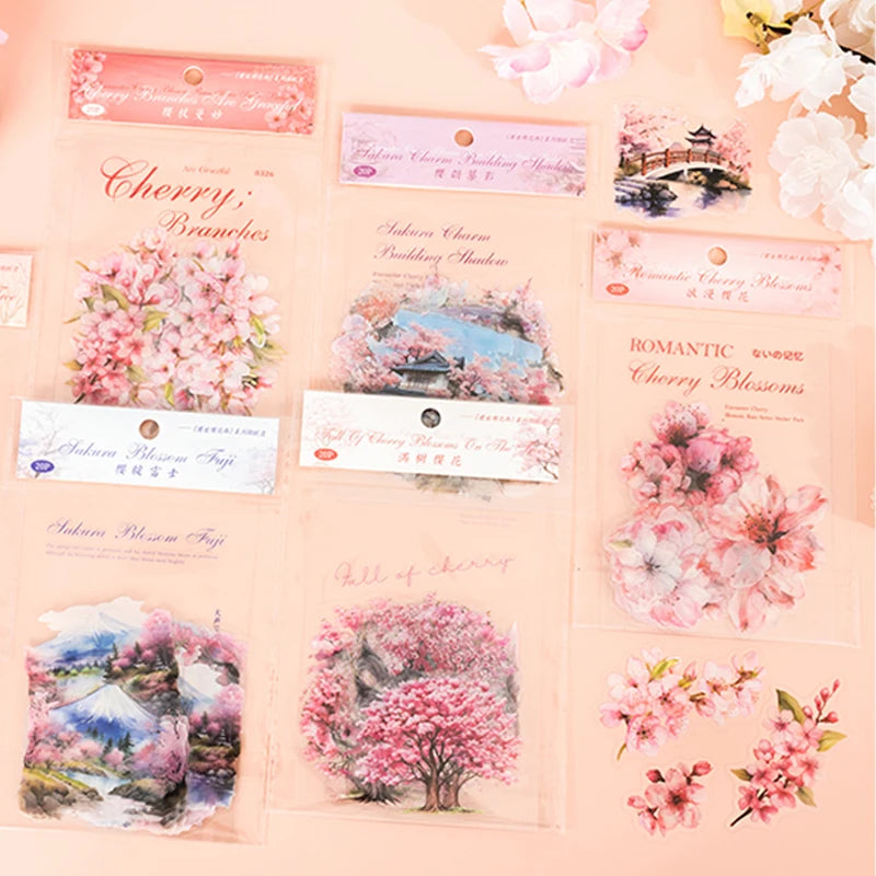 S-16 Mr. Paper 6Style 20Pcs/bag Cherry Blossom Theme Sticker Pack DIY Handbook Decoration Scrapbook Phone Case Calendar