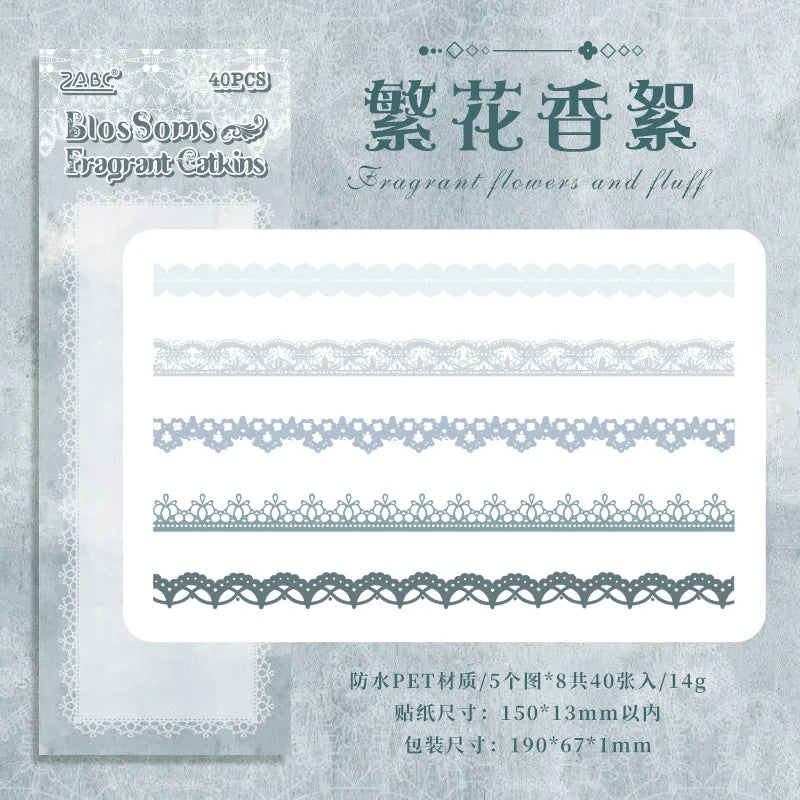 S-1  40 pcs Lace Stickers Cute Aesthetics Decor Collage Junk Journal Scrapbooking Supplies Self Adhesive Creative Stationery Sticker