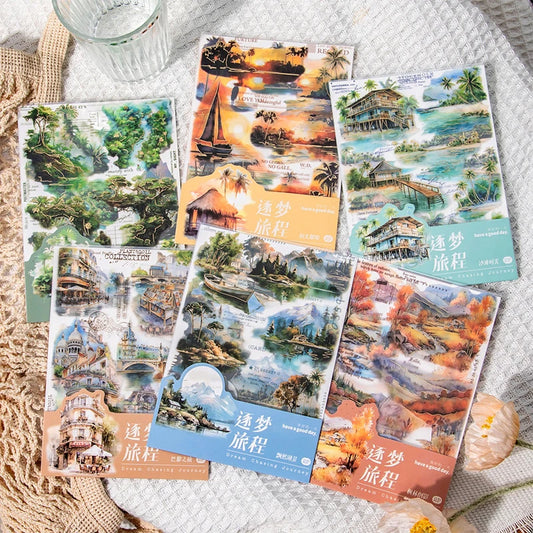 Yoofun Dream Chasing Journey Vintage Landscape Collage Decor Bronzing PET Stickers Creative DIY Journal Stationery Label